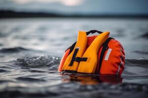 aufblasbar Leben Jacke, Sicherheit im öffnen Wasser beim Meer Ozean generativ ai foto