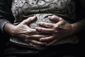 Frau halten Hände auf ihr Bauch, erstechen Schmerzen im Abdomen Durchfall generativ ai foto