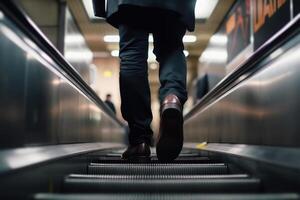 Geschäftsmann Beine im ein passen und Schuhe Klettern steir das Rolltreppe Einkaufen Center generativ ai foto