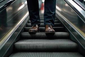 Geschäftsmann Beine im ein passen und Schuhe Nieder steir das Rolltreppe Einkaufen Center generativ ai foto