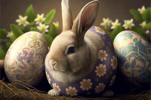 süß Ostern Hase Sitzung mit Ostern Eier ai generativ Bilder zum Ostern Tag foto
