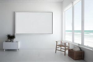 Rahmen Attrappe, Lehrmodell, Simulation hängend auf das Mauer im minimalistisch Innere Zimmer. ai generiert foto