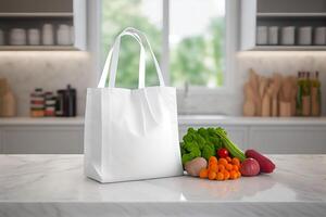 Vitrine Einkaufen Tasche mit Gemüse. ai generiert foto