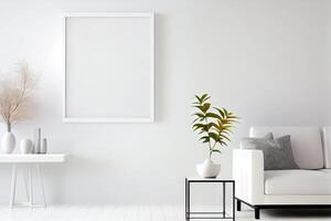 Rahmen Attrappe, Lehrmodell, Simulation hängend auf das Mauer im minimalistisch Innere Zimmer. ai generiert foto