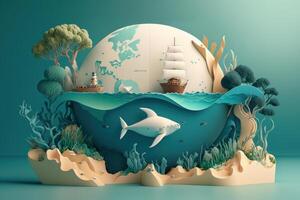Welt Umgebung Tag mit Meer Marine auf Blau Hintergrund, Welt Ozean Tag. generativ ai foto