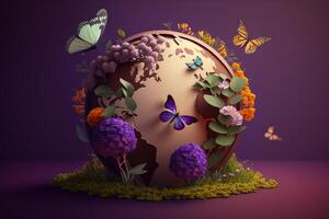Welt Umgebung Tag auf lila Hintergrund im Papier Schnitt Stil, Erde Tag. generativ ai foto