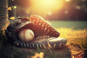 Baseball im Handschuh im das Rasen beim Sonnenuntergang im das Abend Tag mit Sonne Strahl und Linse Fackel Licht foto