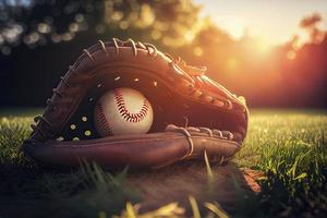 Baseball im Handschuh im das Rasen beim Sonnenuntergang im das Abend Tag mit Sonne Strahl und Linse Fackel Licht foto