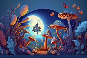 Fantastisch Wunderland Landschaft mit Pilze, Lilien Blumen, Morpho Schmetterlinge und Mond foto