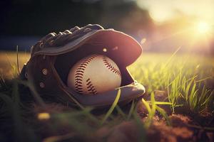 Baseball im Handschuh im das Rasen beim Sonnenuntergang im das Abend Tag mit Sonne Strahl und Linse Fackel Licht foto