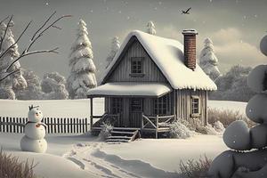schneebedeckt Landschaft Tag Szene mit hölzern Hütte und Schneemann beim Vorderseite foto