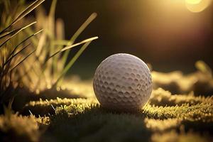 Golf Ball auf Tee im ein schön Golf Kurs mit Morgen sonnenschein.bereit zum Golf im das zuerst kurz foto