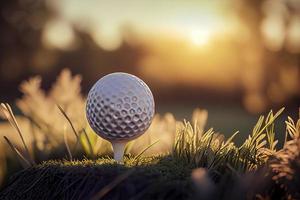 Golf Ball auf Tee im ein schön Golf Kurs mit Morgen sonnenschein.bereit zum Golf im das zuerst kurz foto