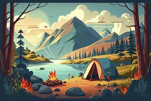 sonnig Tag Landschaft Illustration im eben Stil mit Zelt, Lagerfeuer, Berge, Wald und Wasser. Hintergrund zum Sommer- Lager, Natur Tourismus, Camping oder Wandern Design Konzept foto