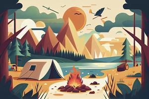 sonnig Tag Landschaft Illustration im eben Stil mit Zelt, Lagerfeuer, Berge, Wald und Wasser. Hintergrund zum Sommer- Lager, Natur Tourismus, Camping oder Wandern Design Konzept foto