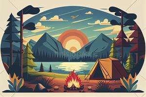 sonnig Tag Landschaft Illustration im eben Stil mit Zelt, Lagerfeuer, Berge, Wald und Wasser. Hintergrund zum Sommer- Lager, Natur Tourismus, Camping oder Wandern Design Konzept foto