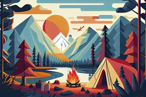 sonnig Tag Landschaft Illustration im eben Stil mit Zelt, Lagerfeuer, Berge, Wald und Wasser. Hintergrund zum Sommer- Lager, Natur Tourismus, Camping oder Wandern Design Konzept foto