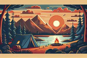 sonnig Tag Landschaft Illustration im eben Stil mit Zelt, Lagerfeuer, Berge, Wald und Wasser. Hintergrund zum Sommer- Lager, Natur Tourismus, Camping oder Wandern Design Konzept foto