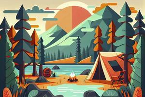 sonnig Tag Landschaft Illustration im eben Stil mit Zelt, Lagerfeuer, Berge, Wald und Wasser. Hintergrund zum Sommer- Lager, Natur Tourismus, Camping oder Wandern Design Konzept foto