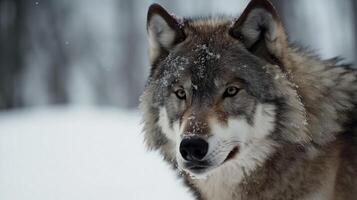 schließen oben von ein Wolf mit Schnee Hintergrund. Tier Königreich Konzept foto