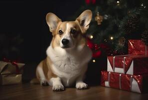 Corgi in der Nähe von das Weihnachten Baum mit Geschenke. generativ ai. foto