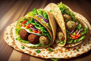 Tortilla wickeln mit Falafel und frisch Salat vegan Tacos Vegetarier gesund Essen durch ai generiert foto