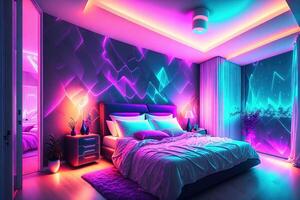 modern Schlafzimmer Innere mit Neon- Beleuchtung glühend Umgebungs im das Abend luxuriös stilvoll durch ai generiert foto