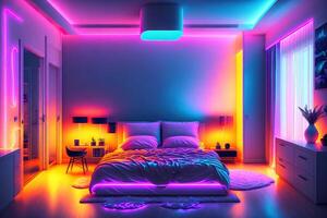 modern Schlafzimmer Innere mit Neon- Beleuchtung glühend Umgebungs im das Abend luxuriös stilvoll durch ai generiert foto