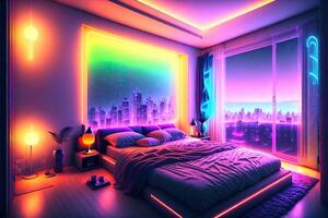 modern Schlafzimmer Innere mit Neon- Beleuchtung glühend Umgebungs im das Abend luxuriös stilvoll durch ai generiert foto