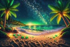Nacht Meer Seite Kokosnuss Baum Grün Rasenstrand Star Galaxis durch ai generiert foto