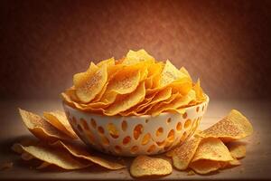 Kartoffel Chips mit Cheddar rustikal Hintergrund durch ai generiert foto