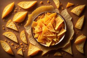 Kartoffel Chips mit Cheddar rustikal Hintergrund durch ai generiert foto