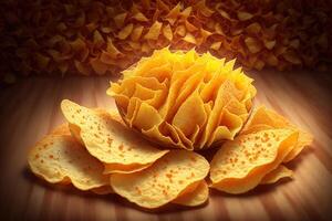 Kartoffel Chips mit Cheddar rustikal Hintergrund durch ai generiert foto