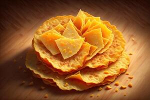 Kartoffel Chips mit Cheddar rustikal Hintergrund durch ai generiert foto