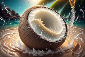 Kokosnuss im Wasser Spritzen realistisch Komposition durch ai generiert foto