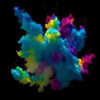 mehrfarbig Farbe Explosion, Farbe Streuung Explosion von bunt Wolken, Staub Wolke explodiert auf schwarz Hintergrund, gestaltet mit künstlich Intelligenz, generativ ai foto