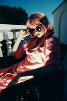 schön Frau Rosa Haar Sonnenbrille Freizeit Luxus Jahrgang Sommer- Tag foto