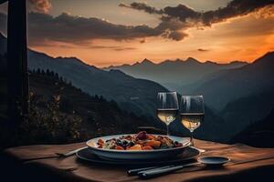 romantisch Abendessen mit Aussicht von Berg beim Sonnenuntergang. generativ ai foto