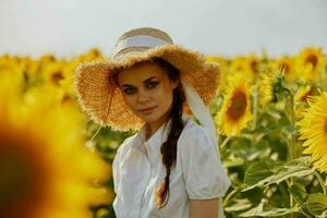Frau mit zwei Zöpfe im ein Weiß Kleid Gehen auf ein Feld von Sonnenblumen unverändert foto