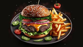 Vorderseite Aussicht lecker Fleisch Cheeseburger mit Französisch Fritten auf dunkel Hintergrund. generativ ai foto