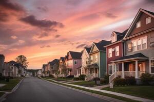 Häuser im Wohn Kreis mit dramatisch bunt Sonnenuntergang Himmel. Illustration ai generativ foto