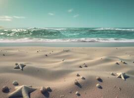 Strand Sand mit Sterne und Muscheln. Illustration ai generativ foto