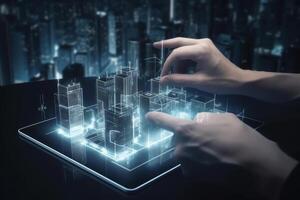 Digital Tablette und ein Hologramm von modern Gebäude, Illustration ai generativ foto
