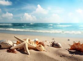 Strand Sand mit Sterne und Muscheln. Illustration ai generativ foto