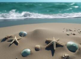 Strand Sand mit Sterne und Muscheln. Illustration ai generativ foto