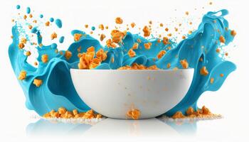 Cornflakes im Blau Schüssel. Frühstück Müsli mit planschen Milch isoliert auf Weiß Hintergrund. generativ ai foto