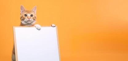 ein süß Tabby Orange Katze mit leer Whiteboard auf isoliert Orange Farbe Banner Hintergrund, spielerisch und bezaubernd Haustier, generativ ai foto