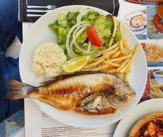 Fisch und Chips Gericht auf Weiß Teller beim Restaurant Restaurant foto