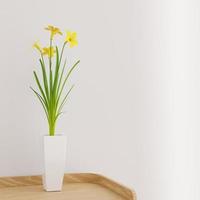 3d Rendern Gelb Blume im Weiß Vase auf Holz Tabelle foto