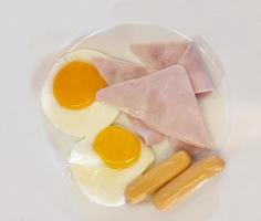 Satz Spiegeleier, Schinken und Wurst auf einem Teller zum Frühstück foto
